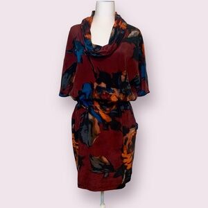 Kenneth Cole Cowl Neck Short Sleeve Silk Dress Burgundy Abstract Print Medium